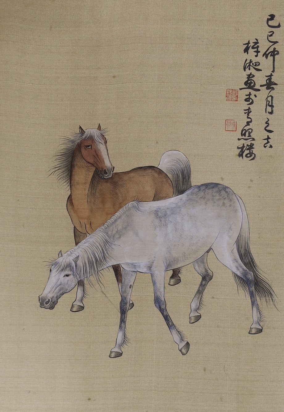 Chinese School, early 20th century, album of 6 paintings on silk of horses, 29 x 21cm